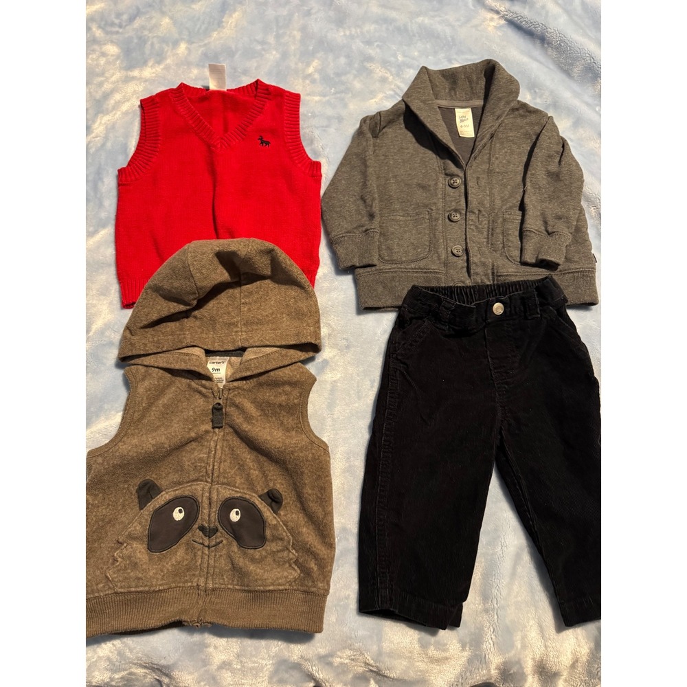 Carter's OshKosh Baby Boy 4pc Set 6-9M Red Vest Grey Cardigan Panda Fleece Pants